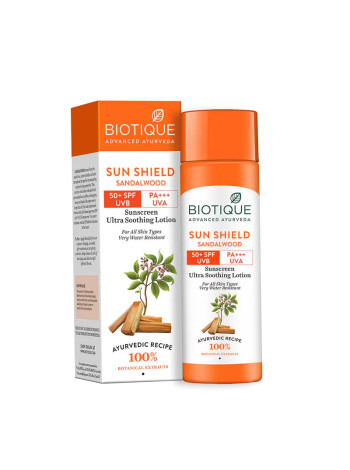 Солнцезащитный лосьон с сандалом  SPF 50, 120 мл, Биотик; Biotique Sun Shield Sandalwood 50+ SPF Sunscreen Ultra Soothing Lotion 120 ml