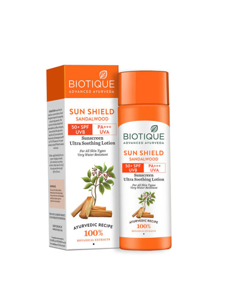 Солнцезащитный лосьон с сандалом  SPF 50, 120 мл, Биотик; Biotique Sun Shield Sandalwood 50+ SPF Sunscreen Ultra Soothing Lotion 120 ml