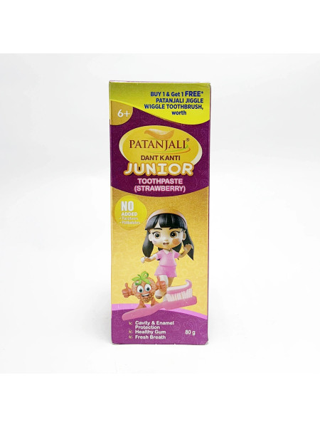 Детская аюрведическая зубная паста "Дент Канти Джуниор Клубника", 80 г, производитель "Патанджали", Dant Kanti Junior Toothpaste (Strawberry), 80 g, Patanjali
