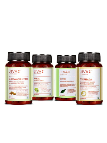 Большой набор для иммунитета: Ашвагандха, Амла, Ним, Трифала по 120 таблеток, Джива Аюрведа; Set for immunity: Ashwagandha, Amla, Neem, Triphala 120 tablets, Jiva Ayurveda