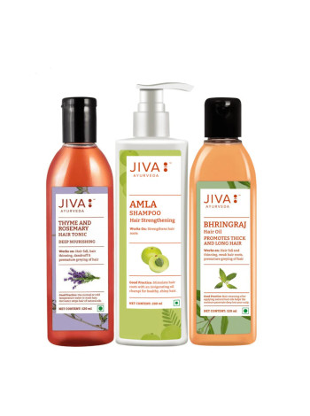 Стоп выпадению волос: Набор Jiva Ayurveda (Шампунь, Масло, Тоник)
