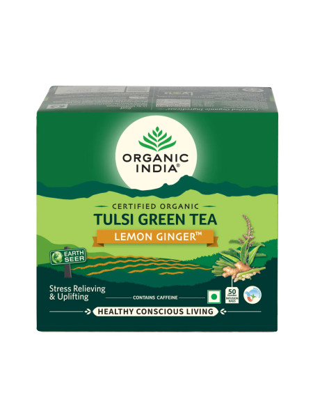 Зеленый чай тулси с лимоном и имбирем, 50 пакетиков, Органик Индия; Tulsi Green Tea with Lemon and Ginger, 50 Tea Bags, Organic India