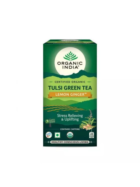 Зеленый чай тулси с лимоном и имбирем, 25 пакетиков, Органик Индия; Tulsi Green Tea with Lemon and Ginger, 25 Tea Bags, Organic India