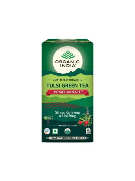 Зеленый чай тулси с гранатом, 25 пакетиков, Органик Индия; Green Tea Tulsi with Pomegranate, 25 bags, Organic India