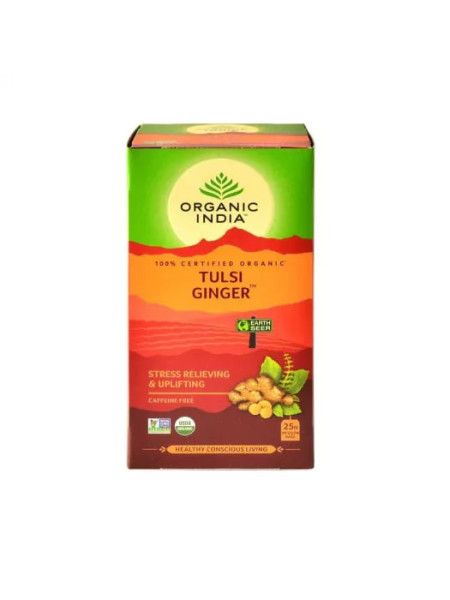 Чай туласи с имбирем, 25 пакетиков, Органик Индия; Tulsi Tea with Ginger, 25 bags, Organic India