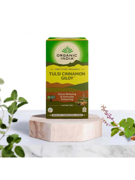 Тулси чай с корицей и гилой, 25 пакетиков, Органик Индия; Tulsi Tea with Cinnamon and Giloy, 25 bags, Organic India
