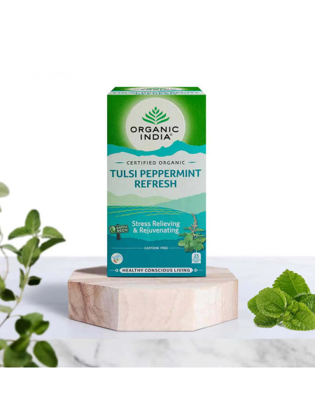 Тулси чай с мятой, 25 пакетиков, Органик Индия; Tulsi Tea with Mint, 25 bags, Organic India