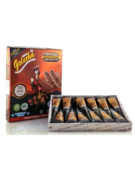 Хна для мехенди в конусах быстрый цвет черная "Голеча", коробка (12 конусов), производитель "Голеча", Mehandi Black, 12 con., Golecha